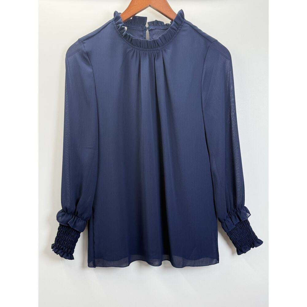 Meiling Fashion Navy Sheer Blouse Smocked Cuffs Romantic Cottagecore Top S